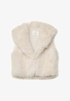 Faux-Fur-Weste in sanftem Beige mit einem breiten Kragen, im verkürzten Design. Das Innenfutter ist glatt. Etikett innen sichtbar.
