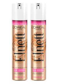 Due lattine di lacca per capelli L'Oréal Elnett, forma cilindrica, finitura dorata metallica, tappi bianchi, testo rosa e nero, etichettate per tenuta forte.