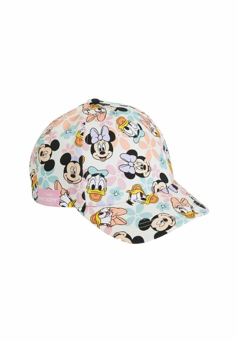 Cappellino da baseball con un motivo colorato di personaggi Disney su uno sfondo chiaro, realizzato in tessuto con visiera curvata e cinturino regolabile.
