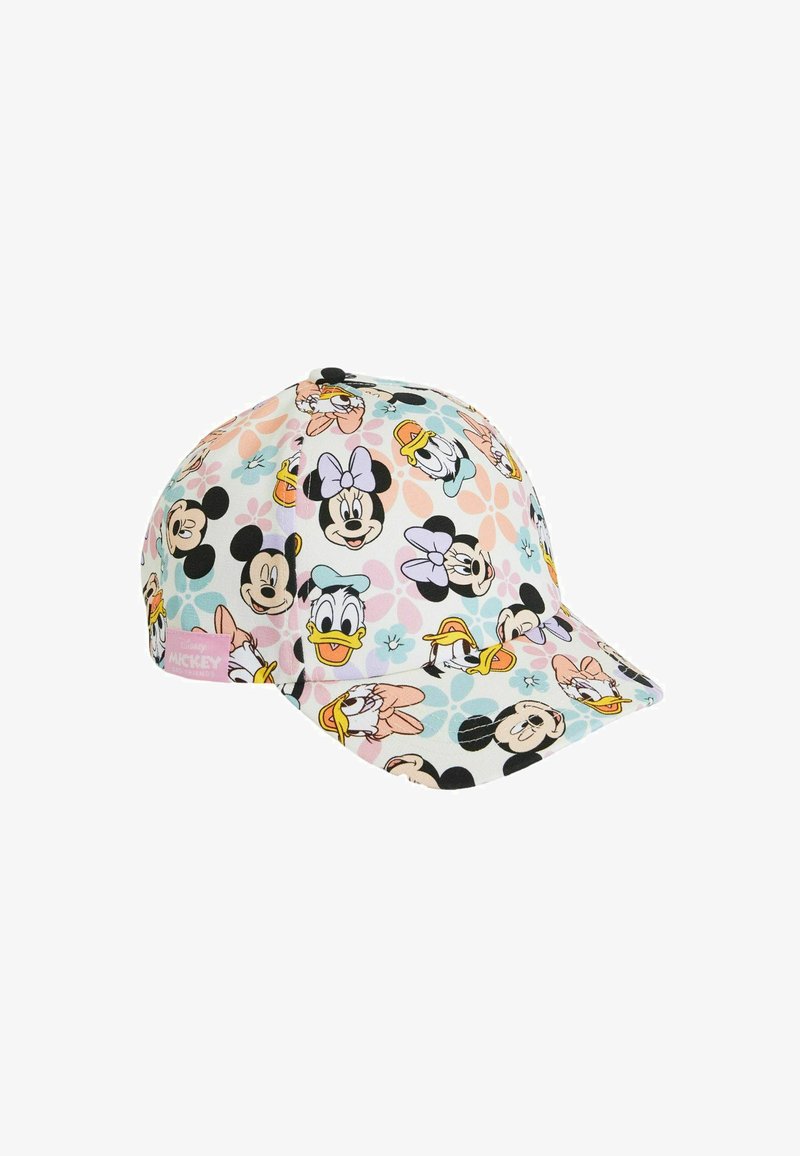 Cappellino da baseball con un motivo colorato di personaggi Disney su uno sfondo chiaro, realizzato in tessuto con visiera curvata e cinturino regolabile.