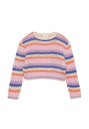 Długi sweter na szydełku z poziomymi paskami w kolorach różowym, fioletowym, pomarańczowym i kremowym, z okrągłym dekoltem i krótkim krojem.