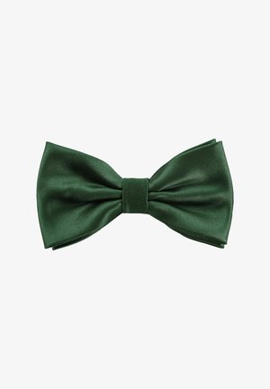 Vihreä silkkisolmio, jolla on sileä rakenne, keskiknotti ja leveät, pyöristetyt päät. Kankaassa on hienostunut kiilto ja uritettu kuvio.