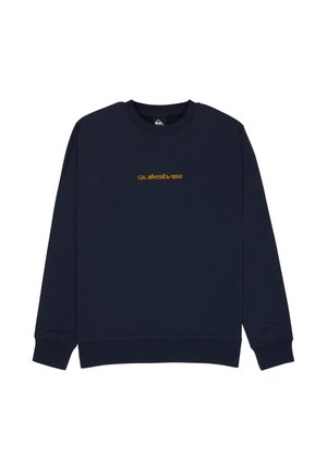 Marineblauw sweatshirt met lange mouwen, ronde hals en een klein geel "quiksilver"-logo in het midden van de borst.