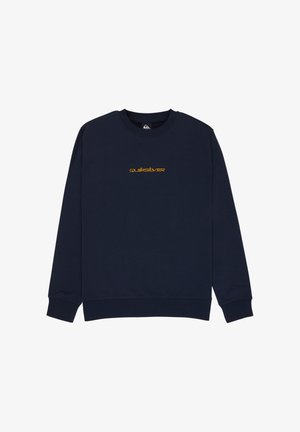 Navy blue long-sleeve sweatshirt with crew neck and small yellow "quiksilver" logo centered on the chest.