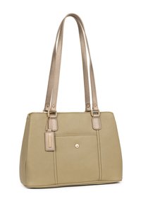 Olijfgroene, textuurrelief tas met twee metallic gouden handvatten, een voorvak en een afneembare naamtag. Heeft gouden hardware accenten.