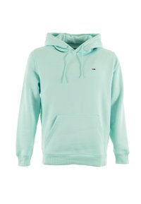 Sudadera verde menta hecha de un tejido suave, con un bolsillo delantero, capucha con cordón y un pequeño logo en el pecho.