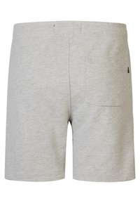 Shorts en coton gris avec une texture douce, dotés d'une taille élastique et d'une seule poche arrière. Conception simple et décontractée sans motifs.