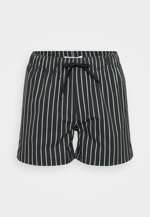 Sorte svømmedraktshorts med hvite vertikale striper, elastisk midjebånd og svart snor. Glatt stoff, design over kneet.