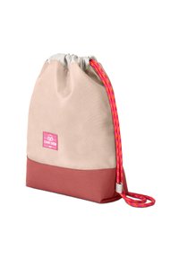 Bolsa de cordón con cuerpo de tela beige, base burdeos y cordón trenzado rosa. Presenta un pequeño parche de logo en la parte delantera.