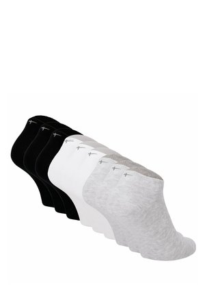 Sets of black, white, and gray ankle socks arranged in three groups against a white background.