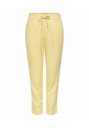 Pantalon droit jaune clair avec plis devant, poches latérales et taille à cordon avec embouts métalliques.