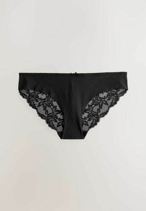 Zwarte onderbroek met een effen voorzijde en kant langs de zijkanten met bloemenpatronen. Inclusief een klein centraal strikje als accent.