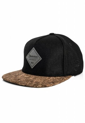 Black cap with a cork brim, featuring a diamond-shaped logo patch in gray. Soft, textured fabric with a flat design.