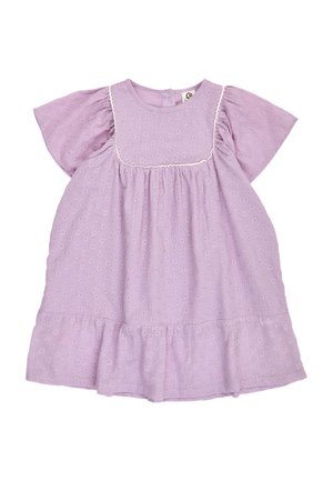 Lavender baby dress with short puff sleeves, floral embroidery, ruffled hem, and white trim along the square yoke neckline.