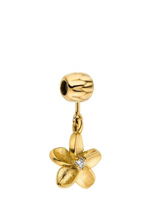 Goldener blumenförmiger Anhänger mit fünf Blütenblättern und einem kleinen klaren Edelstein in der Mitte, befestigt an einer strukturierten Goldperle.