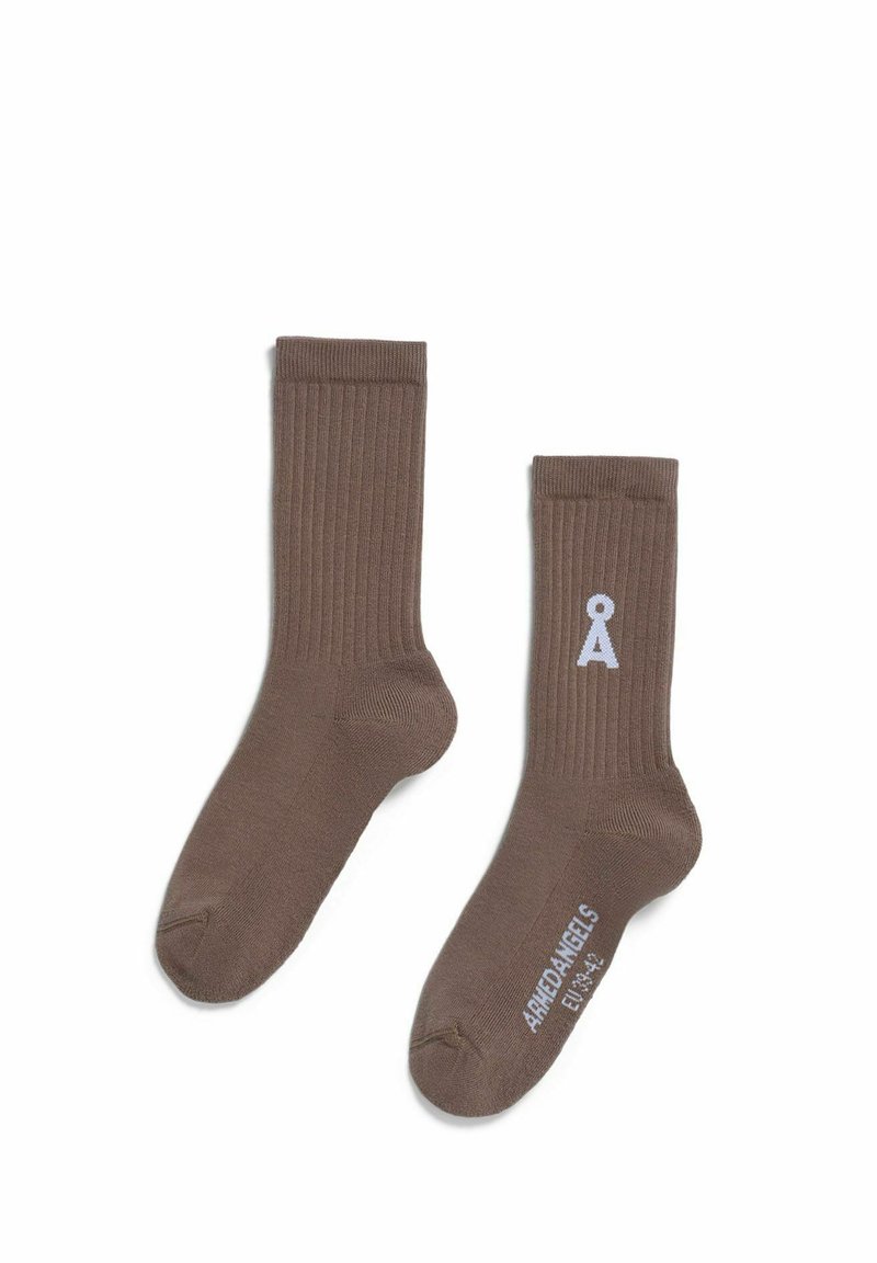 Braune Baumwollsocken mit gerippter Struktur. Auf einer Seite befindet sich ein hellblaues Logo. Knöchellanges Design für Komfort und Stil.
