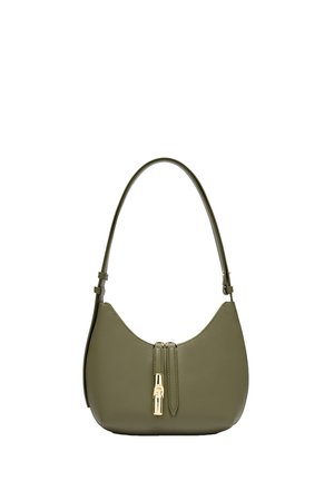 Olivgrüne Leder-Umhängetasche mit einem einzelnen Riemen und einem goldfarbenen vertikalen Reißverschluss vorne in der Mitte.