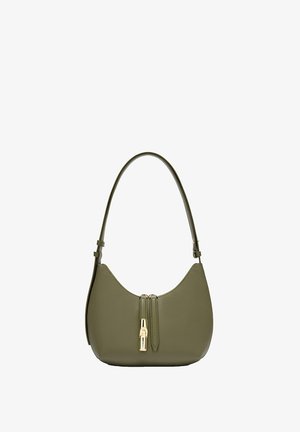 Olivgrüne Leder-Umhängetasche mit einem einzelnen Riemen und einem goldfarbenen vertikalen Reißverschluss vorne in der Mitte.