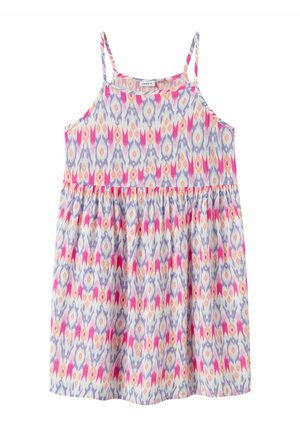 Vestito da ragazza senza maniche con sottili spalline, vita arricciata e motivo geometrico colorato in tonalità di rosa, viola e pesca su tessuto bianco.