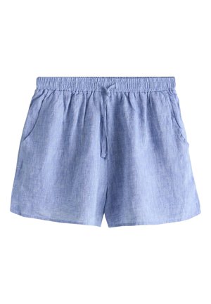 Világoskék len rövidnadrág elasztikus derékpánttal, húzózsinórral és oldalzsebekkel, fehér háttéren.