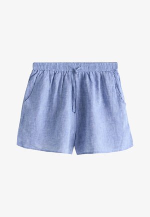 Világoskék len rövidnadrág elasztikus derékpánttal, húzózsinórral és oldalzsebekkel, fehér háttéren.