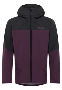 Giacca viola e nera con cappuccio, dotata di zip completa, cordini regolabili e logo sul petto. Materiale liscio e impermeabile.