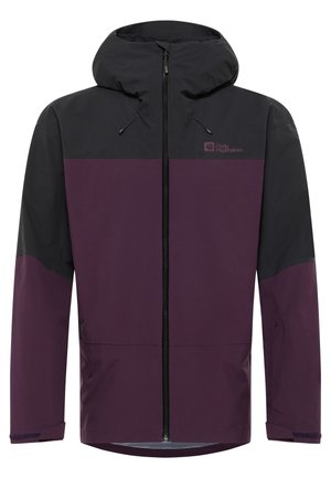 Lila und schwarze Jacke mit Kapuze, ausgestattet mit einem durchgehenden Reißverschluss, verstellbaren Kordeln und einem Logo auf der Brust. Glattes, wasserdichtes Material.