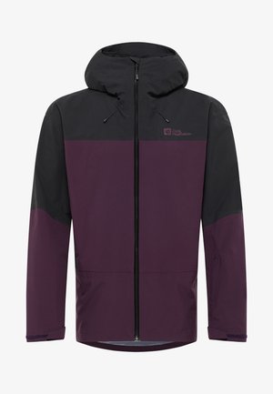 Paarse en zwarte jas met een capuchon, voorzien van een volledige ritssluiting, verstelbare koorden en een logo op de borst. Soepele, waterdichte stof.