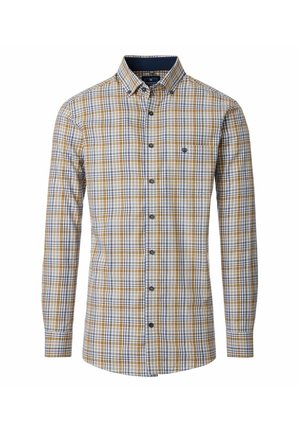 Langarm-Hemd mit Knöpfen und kariertem Muster in Blau, Gelb und Weiß. Hergestellt aus gewebtem Stoff und mit einer Brusttasche.