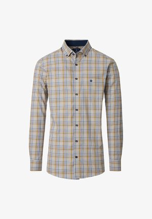 Langarm-Hemd mit Knöpfen und kariertem Muster in Blau, Gelb und Weiß. Hergestellt aus gewebtem Stoff und mit einer Brusttasche.