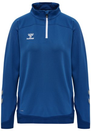 Blue zip-up athletic pullover with a textured fabric, featuring a high collar and white zip. Includes a logo on the chest and contrasting sleeve stripes.