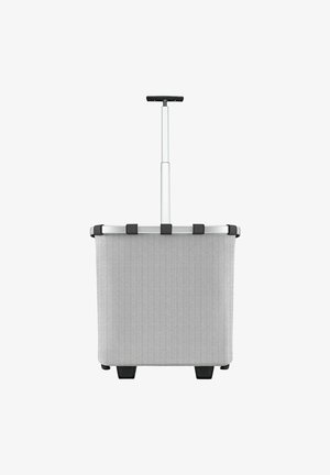 Chariot de rangement en tissu gris avec une poignée noire rétractable, cadre en aluminium et roulettes en plastique noir pour la mobilité. Fini texturé sur le corps.