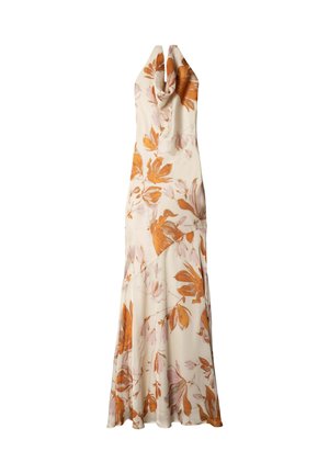Vestido halter floral en tejido suave, con patrones de flores naranjas y rosas sobre un fondo claro, con un dobladillo acampanado y un escote drapeado.
