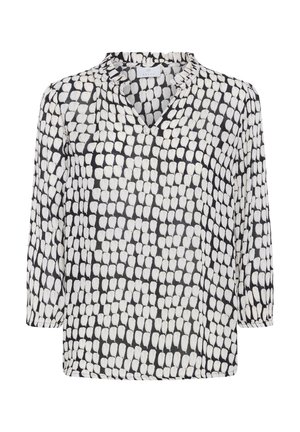 Blouse noire et blanche avec un décolleté en V, des manches trois-quarts et un motif texturé de formes en goutte d'eau se chevauchant. Tissu léger.