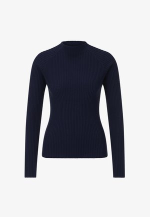 Námořnický modrý žebrovaný svetr s vysokým límcem a dlouhými rukávy, s přiléhavým střihem a texturovanou tkaninou.