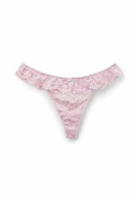 Pink lace thong with a frilled waistband, featuring floral patterns and a small white button accent at the center front.