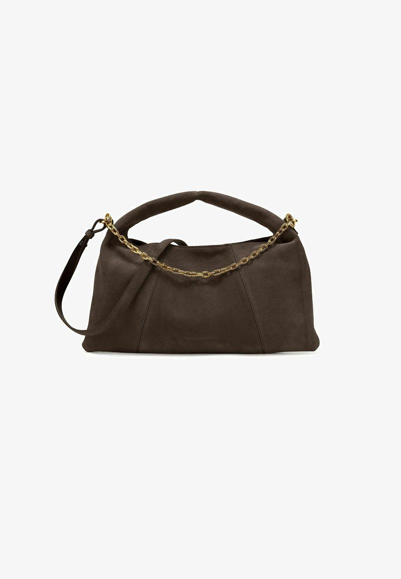 Borsa a mano in pelle scamosciata marrone con forma strutturata, dotata di un manico corto e un dettaglio a catena dorata. Superficie traforata con cuciture a vista.