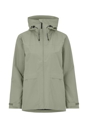 Lysegrå vandtæt jakke med lynlås foran, justerbar hætte med snoretræk, klaplommer og håndledsremme til størrelsesjustering.