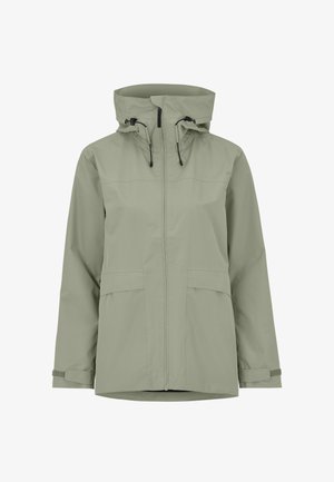 Lysegrå vandtæt jakke med lynlås foran, justerbar hætte med snoretræk, klaplommer og håndledsremme til størrelsesjustering.