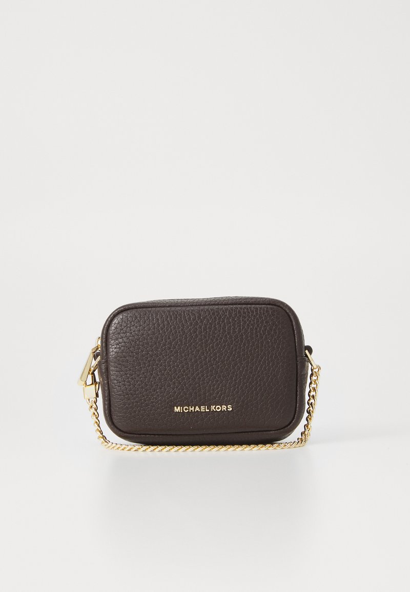 Brown pebbled leather crossbody bag featuring a gold chain strap and embossed brand name on the front in a rectangular shape.