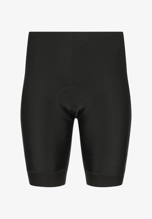 Musta pehmustettu pyöräilyshortsi, jossa litteät saumat ja korkea vyötärö, suunniteltu mukavuutta ja suorituskykyä varten.