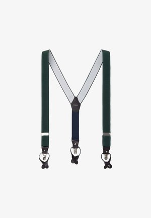 Grüne und marineblaue Stoffträger mit silbernen Clips, die ein strukturiertes Design und einen Lederakzent am Yoke aufweisen. Verstellbar für eine optimale Passform.