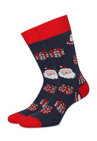 Granatowe skarpetki z czerwonymi akcentami, zdobione wzorem twarzy Świętego Mikołaja oraz kolorowymi prezentami. Wykonane z miękkiego, elastycznego materiału.