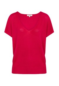 Felroze trui van zacht materiaal, met een diepe V-hals, korte mouwen en een losse pasvorm met een geribde zoom.