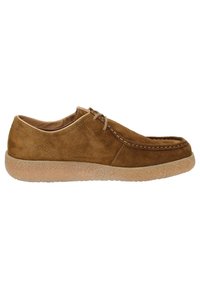 Braunes Wildleder-Schuhwerk mit abgerundetem Zehenbereich, Gummisohle und kontrastierenden Nähten. Verfügt über einen Schnürverschluss und ein weiches, strukturiertes Obermaterial.