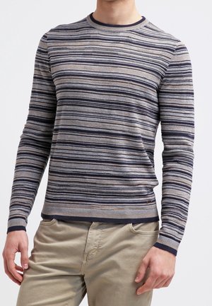 Mężczyzna ubrany w sweter z długim rękawem i okrągłym dekoltem, w poziome paski w odcieniach szarości, niebieskiego i beżu, w połączeniu z jasnobeżowymi spodniami.