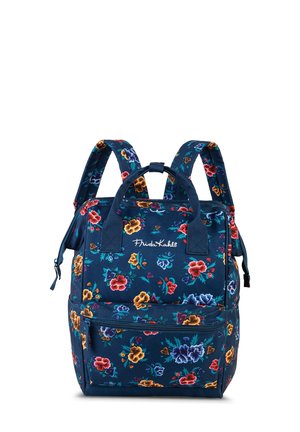 Navyfarbener Rucksack mit einem Reißverschluss-Hauptfach, zwei Schultergurten, einem oberen Tragegriff und leuchtenden, mehrfarbigen Blumenmustern.