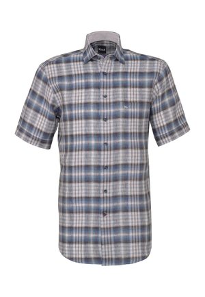 Kurzärmeliges Hemd mit Knopfleiste, grauem, blauem und weißem Karomuster sowie einer Brusttasche auf der linken Seite.