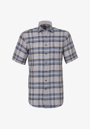 Camicia a maniche corte con bottoni, motivo a quadri grigio, blu e bianco, e taschino sul lato sinistro del petto.