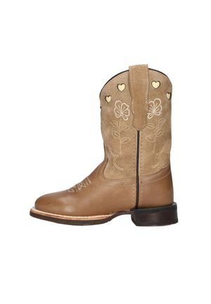 Cowboy boot in tan leather and suede with floral and heart embroidery, featuring a low stacked heel and round toe on a white background.
